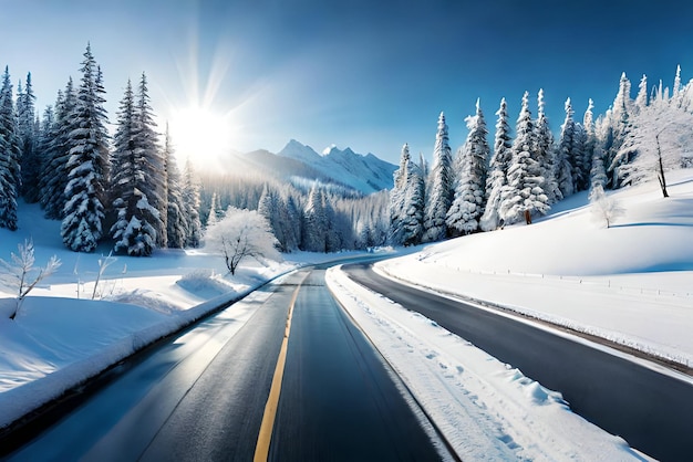 Schilderachtig wintersneeuwlandschap met weg op bosachtergrond