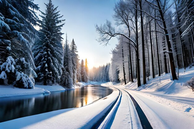 Schilderachtig wintersneeuwlandschap met weg op bosachtergrond