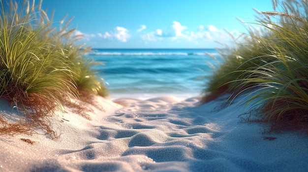 Foto schilderachtig zeegebied met golven op het zee zand op het strand en struiken van gras