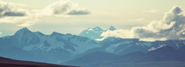 Schilderachtige Bergen van Alaska in de zomer. Met sneeuw bedekte massieven, gletsjers en rotspieken.