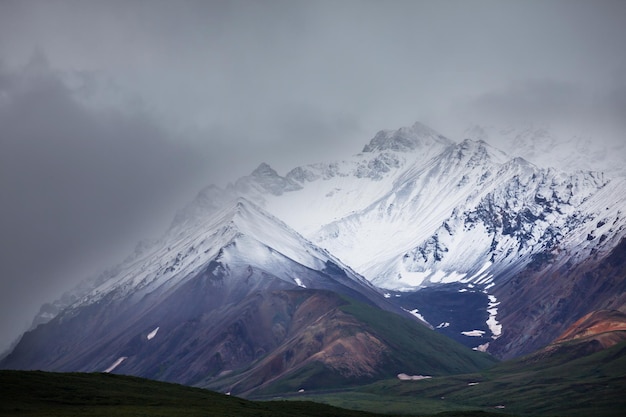 Schilderachtige Bergen van Alaska in de zomer. Met sneeuw bedekte massieven, gletsjers en rotspieken.