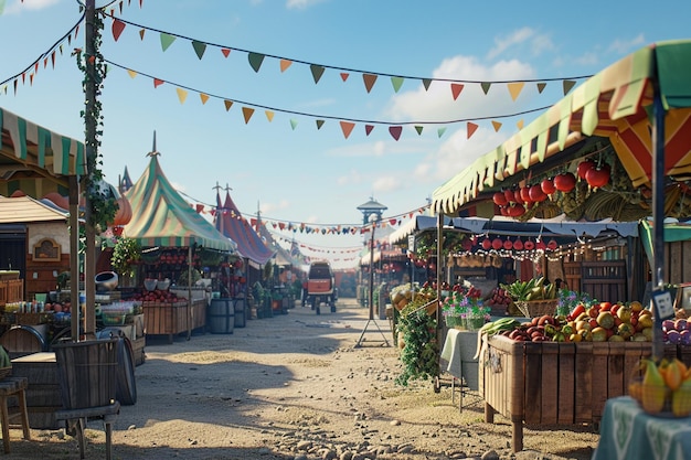 Foto schilderachtige dorpsbeurzen met bruisende marktstalletjes o