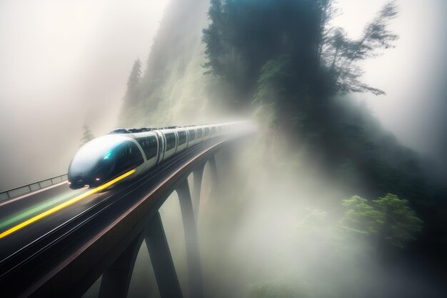 Schilderachtige foto met lange belichtingstijd van een futuristische trein die door de bergen rijdt