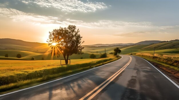 Schilderachtige kronkelende landweg door groene landbouwgrond in Hill Country Sun Sunshine In Sunset Bright Sky Agricultural and Weather Forecast Concept