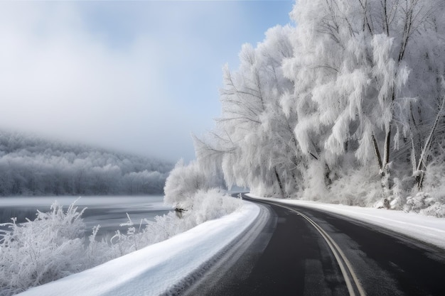 Schilderachtige snelweg in de winter met besneeuwde bomen en bevroren meren gecreëerd met generatieve AI