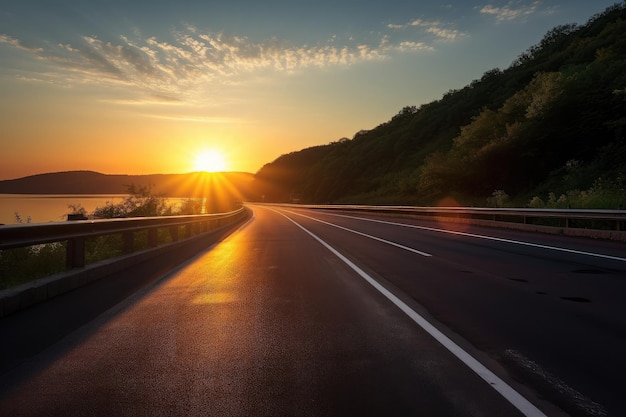 Schilderachtige snelweg tijdens zonsopgang met de zon die over de horizon gluurt, gecreëerd met generatieve ai