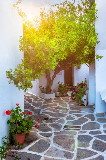 Foto schilderachtige stadsstraat van naousa op het eiland paros, griekenland