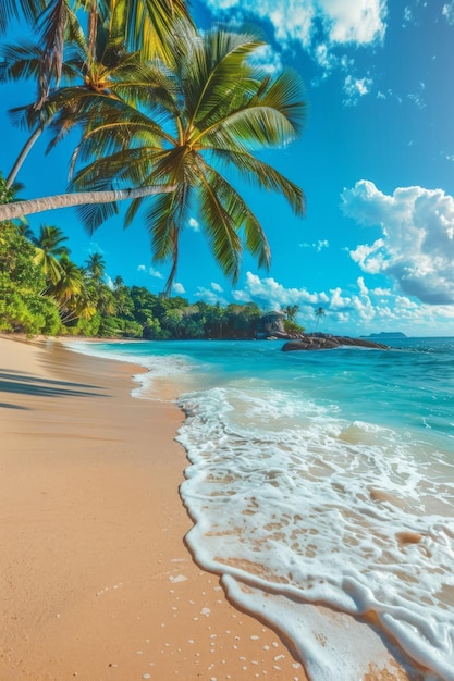 Schilderachtige tropische kust met wit zand blauwe zee op een hete middag Prachtig paradijsstrand