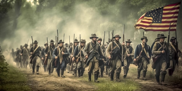 Schilderachtige weergave van een leger Amerikaanse soldaten die vanuit de linie ten strijde trekken