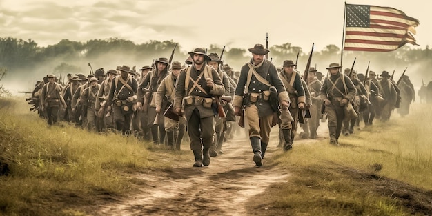 Schilderachtige weergave van een leger Amerikaanse soldaten die vanuit de linie ten strijde trekken