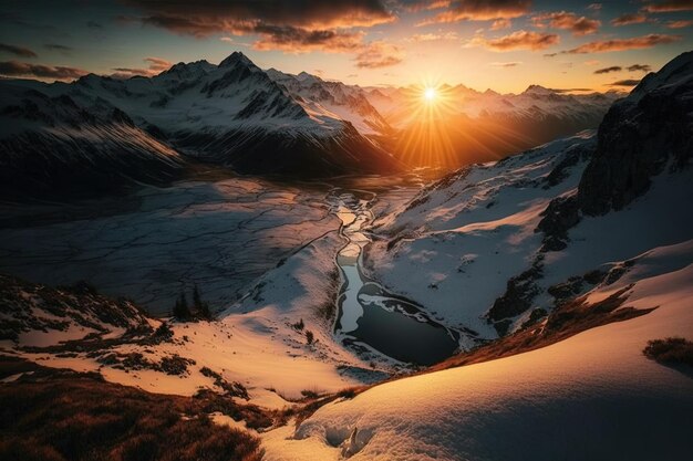 Schilderachtige zonsopgang in de hoge bergen van de Alpen