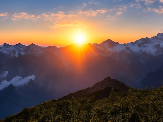 Schilderachtige zonsopgang in de hoge bergen van de Alpen