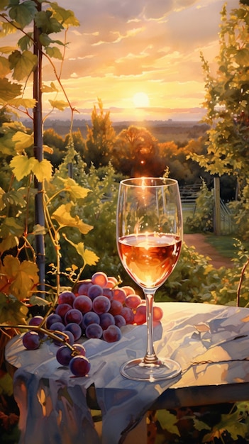 Schilderen van een glas wijn en druiven op een tafel generatief ai