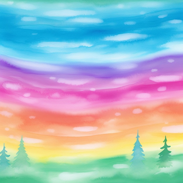 Schilderen van een kleurrijke hemel met bomen en wolken generatieve ai