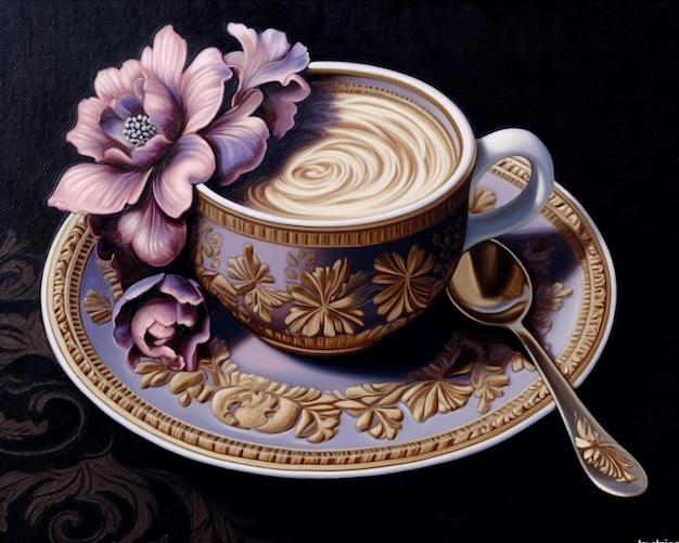 Schilderen van een kop koffie met een bloem op een schotel generatieve ai