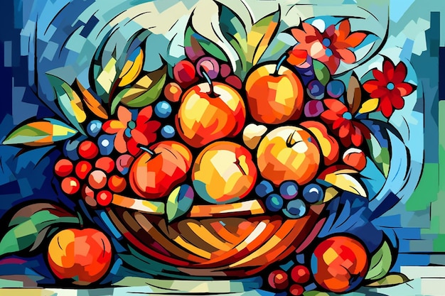 schilderen van een mand met fruit met bloemen en bessen op een tafel generatieve ai