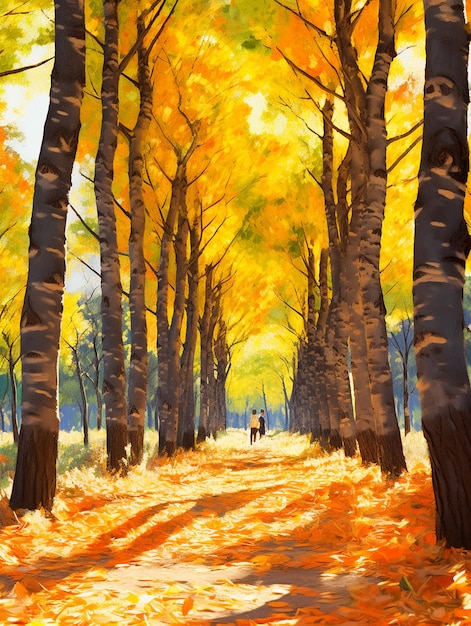schilderen van een pad in een park met bomen en bladeren generatieve ai