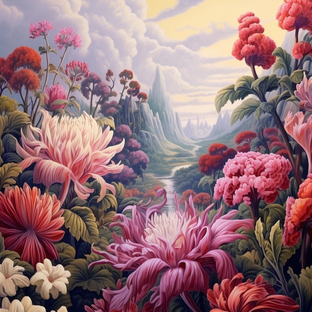 Schilderen van een schilderij van een berglandschap met bloemen en bomen generatieve ai