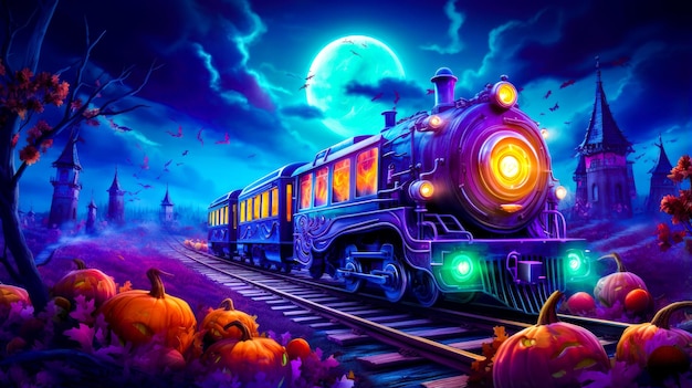 Schilderen van een trein op het spoor met pompoenen en volle maan op de achtergrond Generatieve AI