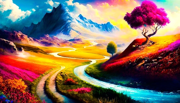 Schilderen van kleurrijke landschappen met kronkelende wegen Fantasy Generative AI