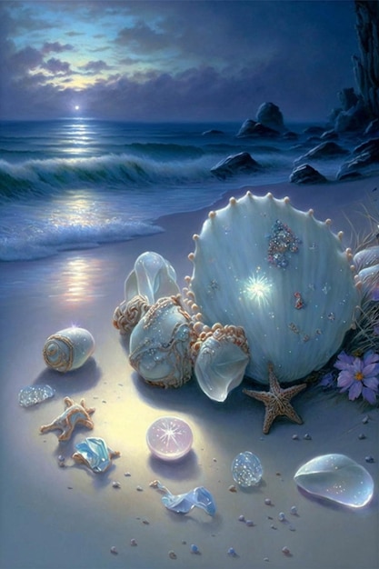 Schilderen van schelpen en zeesterren op een strand generatieve ai