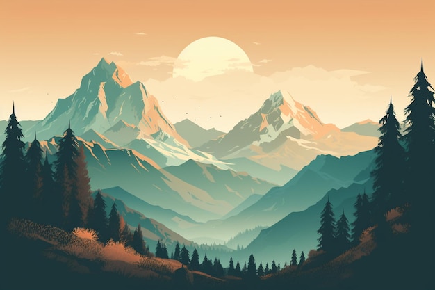 Schilderij bergen achtergrond retro poster landschap adembenemend gestileerde reisposter of sticker Great Smoky Mountains natuur landschap generatieve AI
