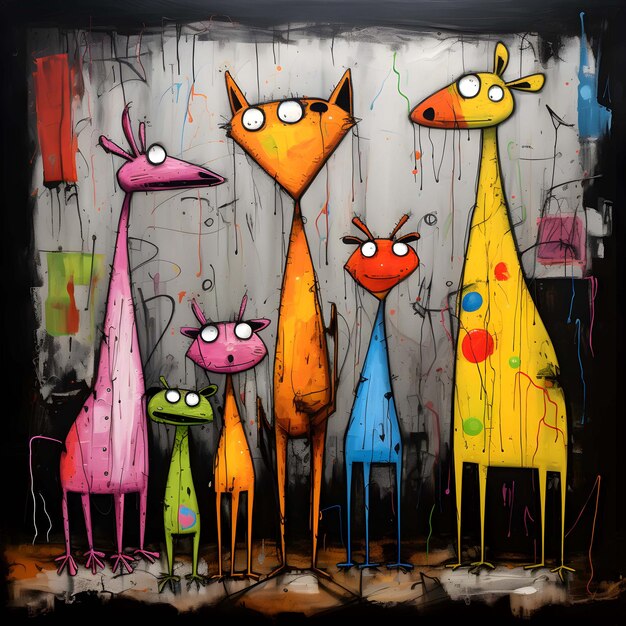 schilderij met 4 kleurrijke katten