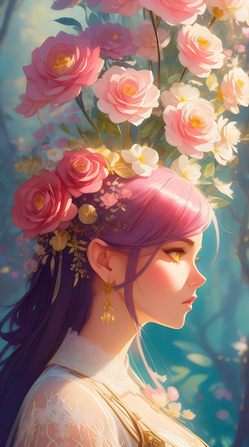 Schilderij portret van een mooie dame met roze bloem