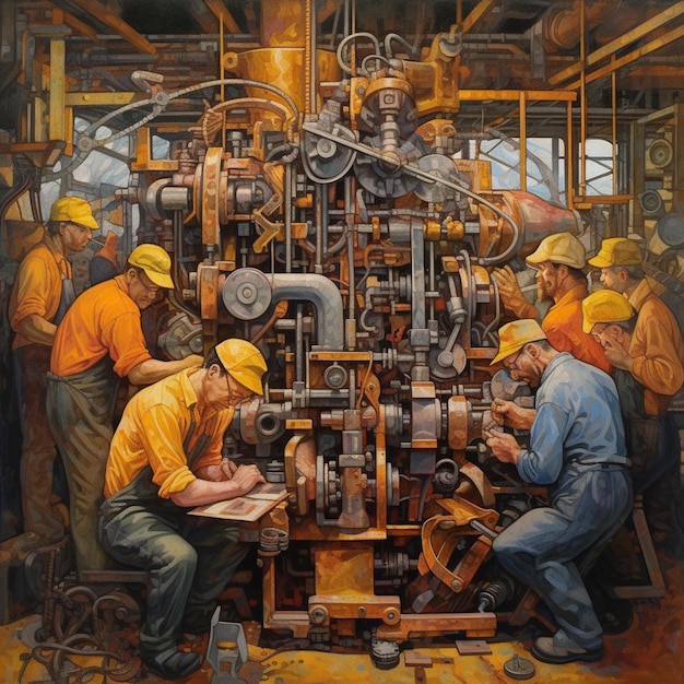 Schilderij van arbeiders die aan machines werken in een generatieve ai fabriek