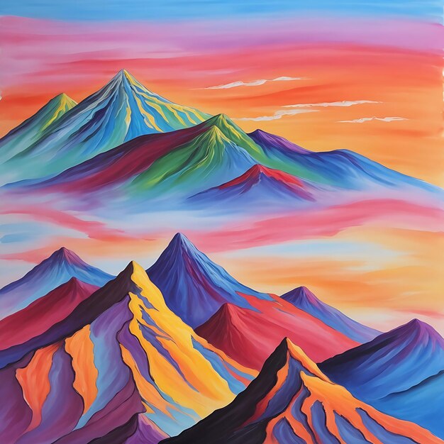 schilderij van bergen met een kleurrijke hemel en de woorden berg op de top AI gegenereerd