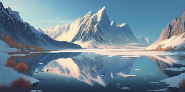 Schilderij van Bevroren bergmeer in winterlandschap met een gletsjermeer op de voorgrond generatieve ai