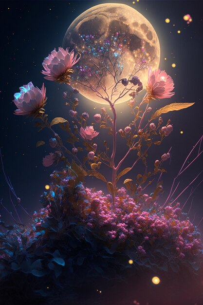 Schilderij van bloemen met een volle maan op de achtergrond generatieve ai