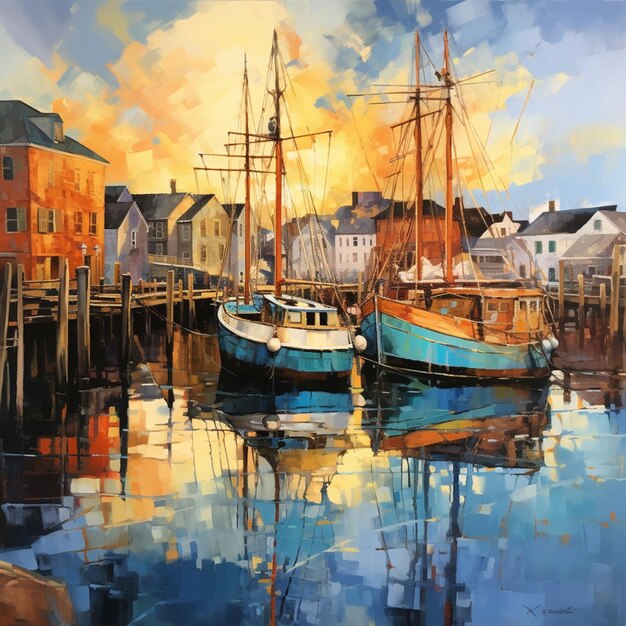 Foto schilderij van boten in een haven met gebouwen op de achtergrond generatieve ai