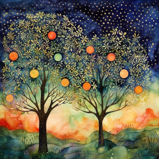 Schilderij van drie bomen met sinaasappels in de lucht en een weg generatieve ai