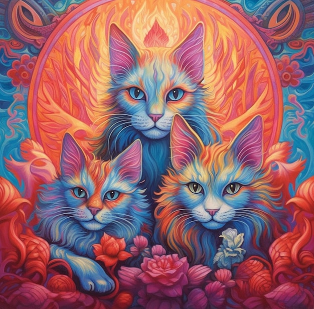 Schilderij van drie katten met een zon op de achtergrond generatieve ai