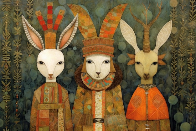 Schilderij van drie konijnen in kostuums naast elkaar generatieve ai