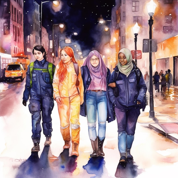 schilderij van drie mensen die 's nachts door een stadsstraat lopen generatieve ai