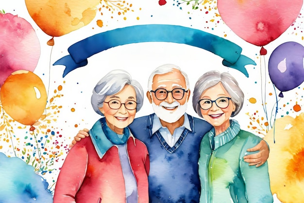Foto schilderij van drie oudere mensen met ballonnen op de achtergrond