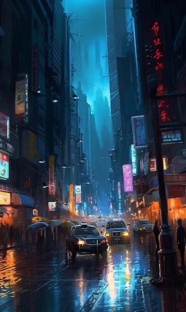 Schilderij van drukke stadsstraat 's nachts in cyberpunk-kunststijl AI-generatie