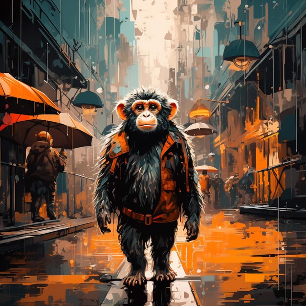 Schilderij van een aap die door een straat loopt met een paraplu