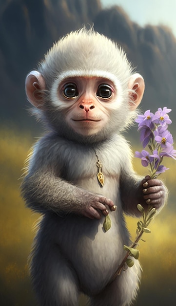Schilderij van een aap die een bloem vasthoudt generatieve ai