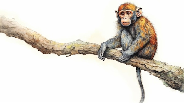 Schilderij van een aap zittend op een tak van een boom generatieve ai
