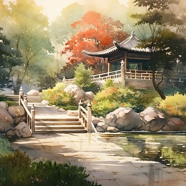schilderij van een aquarel schilderij van een Japanse tuin met een brug generatieve ai