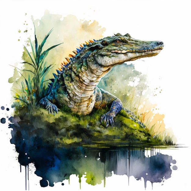 schilderij van een aquarelalligator zittend op een rots in het gras generatieve ai