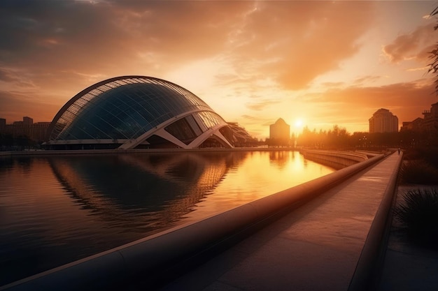 Schilderij van een aquareltekening van de Stad van Kunsten en Wetenschappen in Valencia bij zonsondergang