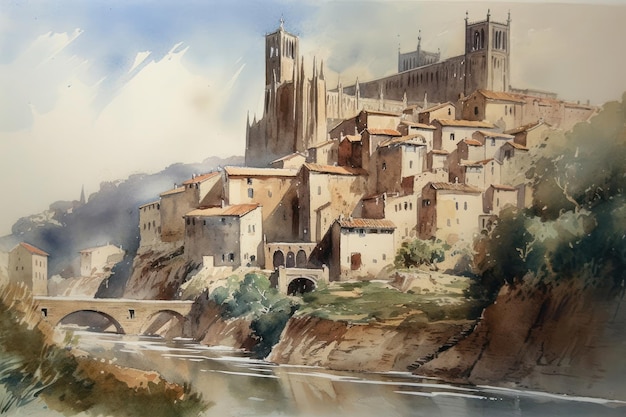Schilderij van een aquareltekening van La Seu Vella in Lleida