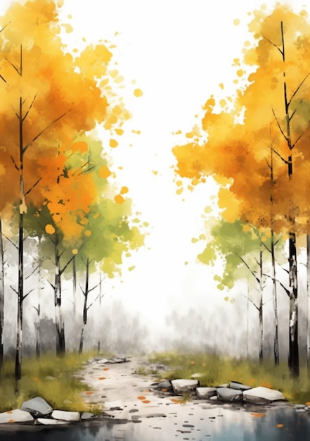 Schilderij van een beek die door een bos stroomt met gele bomen generatieve ai