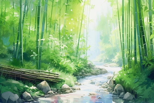 Schilderij van een beek die door een weelderig groen bos loopt vol bomen generatieve ai