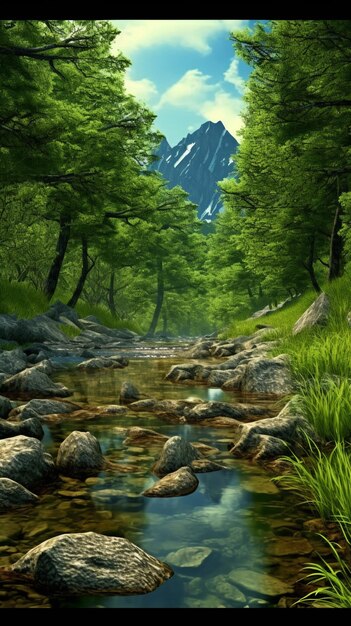 schilderij van een beekje dat door een bos loopt met een berg op de achtergrond generatieve ai