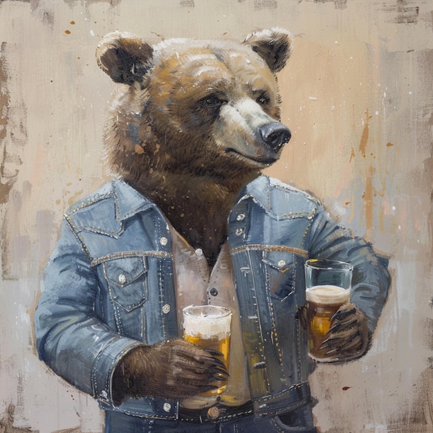 Foto schilderij van een beer in een denimjas met een biergeneratieve ai